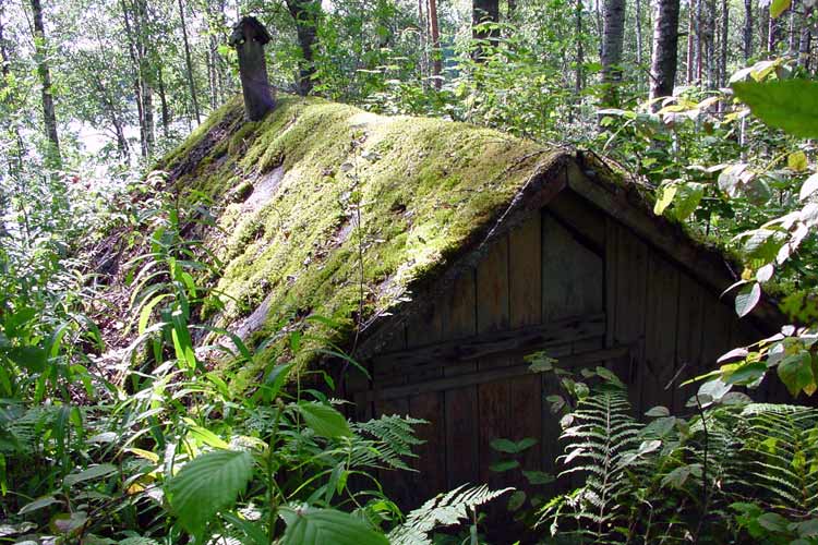 The front of the wooden earth cellar has a small door through which one has to enter backwards.