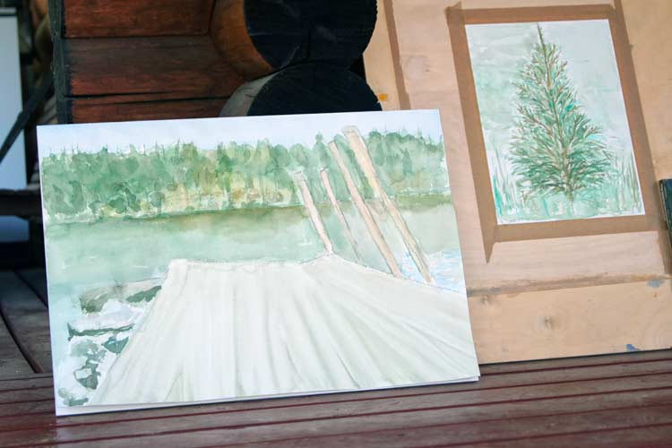 Some of the watercolor students chose the dock as a vantage point. The Puukonsaari art workshop.